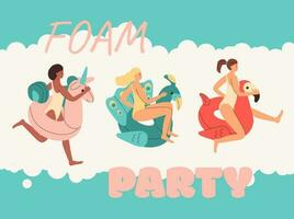 Joyful girls in swimsuits with inflatable circles rush to a foam party. Dancing in bubbles concept. vector