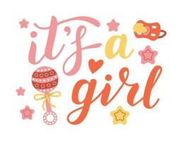 It's a girl, lettering written with elegant calligraphic font. Gender party concept. Vector illustration.