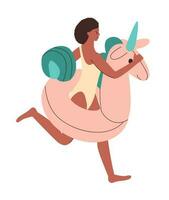 African girl runs with an inflatable circle in form of unicorn. Colourful rubber inflatable swimming ring. vector