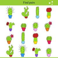 Find Pairs For Cacti In Pots. Children's Educational Game vector