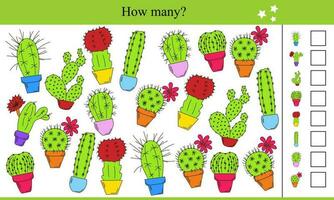 cómo muchos cactus en ollas, educativo juego para niños vector