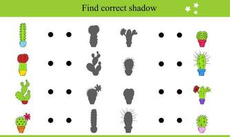 Find Correct Shadow For Cacti In Pots. Educational Game For Children vector