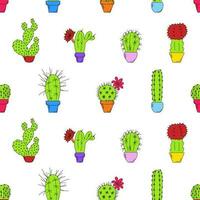 Seamless Pattern with Colored Cacti In Pots With Outline vector