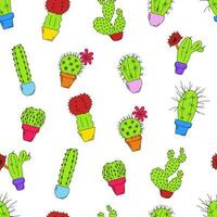 Seamless Chaotic Pattern with Colored Cacti in Pots with Outline vector