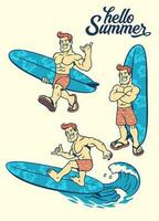 Set of Retro Drawing of Muscle Men Surfer vector