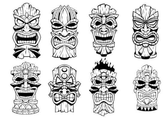 Tiki Mask Set Collection in Black and White hand drawn