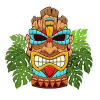 Tiki Mask God with Tropical Monstera Leaves vector