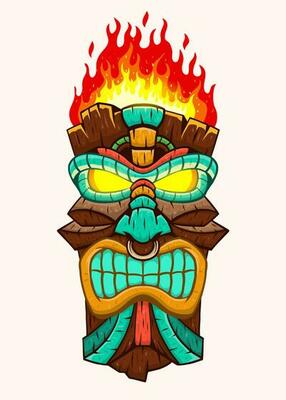 Tiki Mask God with Fiery Torch on the Top in Cartoon Style