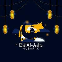 eid al-adha. saludo tarjeta con sacrificatorio oveja y vacas decorado con linternas y creciente Luna en un nublado noche antecedentes vector