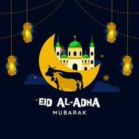 eid al adha, illustration design of greeting banner or eid al adha greeting card poster with mosque and lantern decoration on night background vector