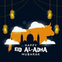 eid al adha, greeting banner or poster eid al adha greeting card with decoration silhouette of mosque, sacrificial cow and lantern on night background vector