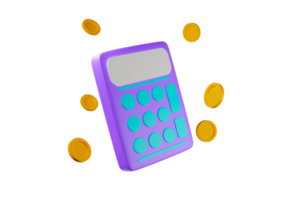 Calculator with coins 3D rendering illustration transparency png