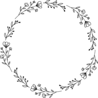 Wreath of doodle hand drawn flowers and leaves or circle floral frame border for wedding invitation, engagement, and greeting card png