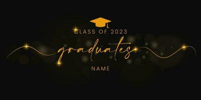 Graduation greeting vector background design. Congrats graduates class of 2023 text with mortarboard cap and gold flare for graduation ceremony messages. Vector illustration.