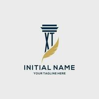 XT monogram initial logo with pillar and feather design vector