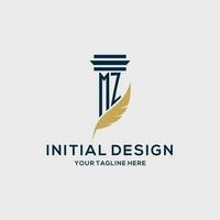 MZ monogram initial logo with pillar and feather design vector