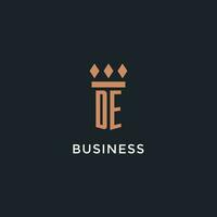 DE logo initial with pillar icon design, luxury monogram style logo for law firm and attorney vector