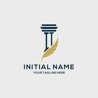 IT monogram initial logo with pillar and feather design vector