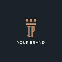 IP logo initial with pillar icon design, luxury monogram style logo for law firm and attorney vector