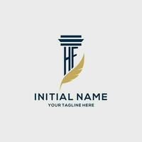 HF monogram initial logo with pillar and feather design vector