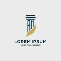 AM monogram initial logo with pillar and feather design vector