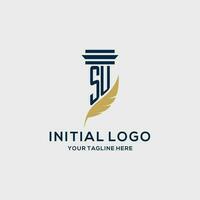 SU monogram initial logo with pillar and feather design vector