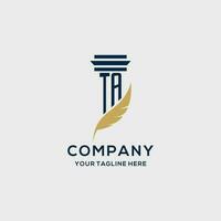 TA monogram initial logo with pillar and feather design vector