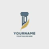 WJ monogram initial logo with pillar and feather design vector
