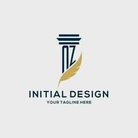 NZ monogram initial logo with pillar and feather design vector