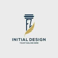 FZ monogram initial logo with pillar and feather design vector