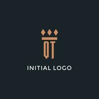 QT logo initial with pillar icon design, luxury monogram style logo for law firm and attorney vector