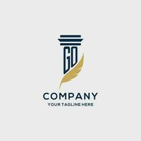 GO monogram initial logo with pillar and feather design vector