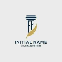 FF monogram initial logo with pillar and feather design vector