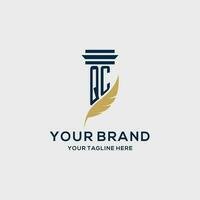 QC monogram initial logo with pillar and feather design vector