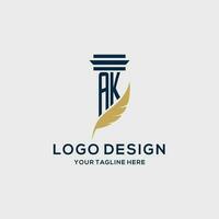 AK monogram initial logo with pillar and feather design vector