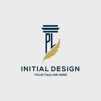 PL monogram initial logo with pillar and feather design vector