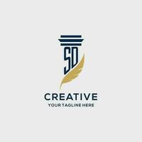 SD monogram initial logo with pillar and feather design vector