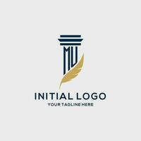 MU monogram initial logo with pillar and feather design vector