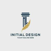 ML monogram initial logo with pillar and feather design vector