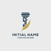 SF monogram initial logo with pillar and feather design vector