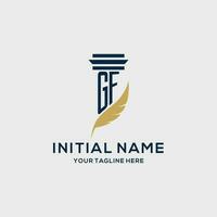 GF monogram initial logo with pillar and feather design vector