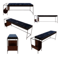 desk, stainless steel frame, black marble top, wooden drawers, PNG file, 3D rendering.