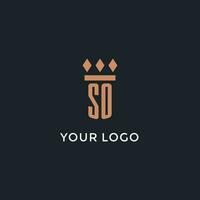 SO logo initial with pillar icon design, luxury monogram style logo for law firm and attorney vector