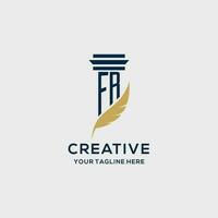 FR monogram initial logo with pillar and feather design vector