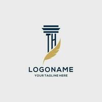 TH monogram initial logo with pillar and feather design vector