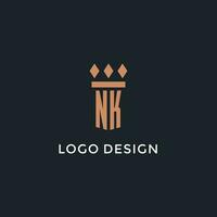 NK logo initial with pillar icon design, luxury monogram style logo for law firm and attorney vector