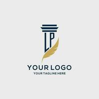 LP monogram initial logo with pillar and feather design vector