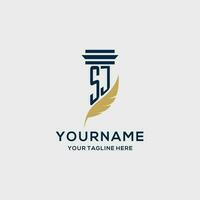 SJ monogram initial logo with pillar and feather design vector