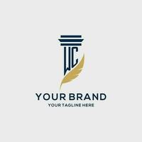 WC monogram initial logo with pillar and feather design vector