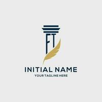 FT monogram initial logo with pillar and feather design vector